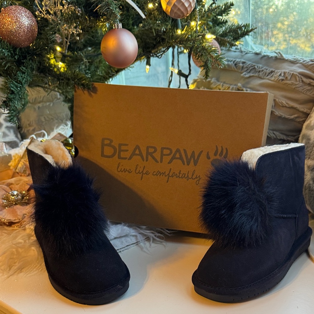 BearPaw Navy Suede  Boots with Fluffy Pom